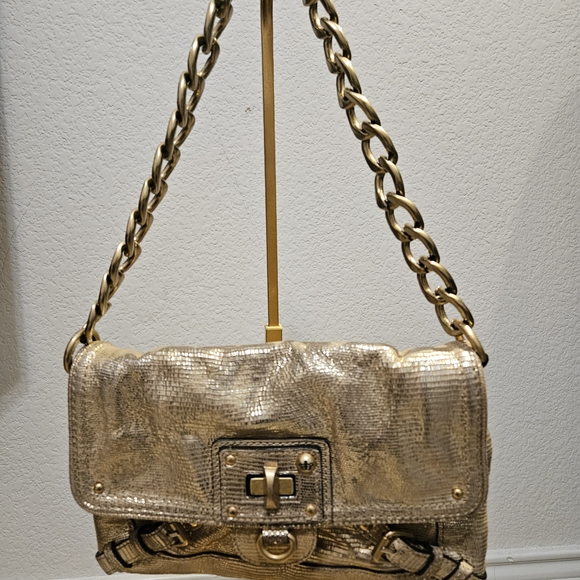 Juicy Couture Gold snakeskin-embossed shoulder bag featuring a chunky gold chain